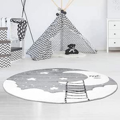 Bueno Children's Rug Contour Cut with Moon, Clouds, Stars, Grey Cream for Children's Room, Size: 120 x 120 cm, Round