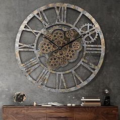 Lafocuse liels sienas pulkstenis ar kustīgiem zobratiem, noplucis šiks koks, industriālais steampunk XXL vintage retro romantiski cipari 57 cm virtuves viesistabas bāram