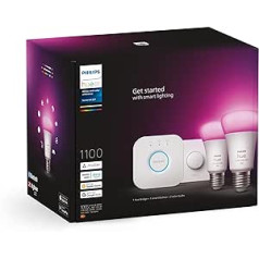 Philips Hue White & Color Ambiance sākuma komplekts ar E27 spuldzēm 2 x 1100 2 pack, viedā poga + Hue Bridge, LED apgaismojums ar 16 miljoniem krāsu, izmantojot Hue gaismas sistēmu, vadāms, izmantojot balsi un lietotni