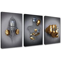 Pack of 3 Love Heart 3D Wall Art Gift Abstract Metal Figure Sculpture Canvas Painting Hanging Grey Gold Fist Picture for Bathroom