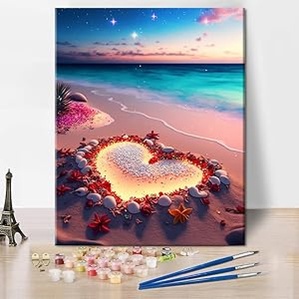 TISHIRON Heart Beach Krāsa pēc skaitļiem pieaugušajiem Eļļas roku glezna Jūras okeāns Pieaugušo glezna pēc skaitļiem Komplekti uz audekla ar otām Glezniecība Mākslas amatniecība Audekls Dāvanas 16x20 collas