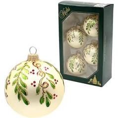 Dekohelden24 Lauschaer Christmas Tree Decorations - Set of 4 Christmas Tree Baubles in Satin Cream, Hand Decorated with Ilex - Decoration in Gold, Green and Red, with Gold Crowns, Size Diameter