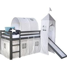 Homestyle4u 1874 Children's Bed 90 x 200 cm, Grey, Bunk Bed with Slide, Tunnel Tower, Stars Curtain