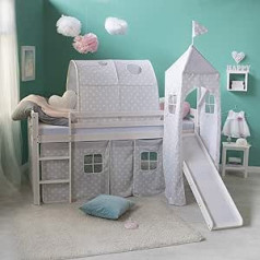 Homestyle4u 1887 Cabin Bed White 90 x 200 cm Children with Slide Ladder Tunnel Tower Stars Curtain Wood