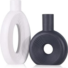 Ceramic Vase, Set of 2, Oval Hollow Vases Set, Black and White Ceramic Vases - Minimalist Nordic Boho Style for Modern Farmhouse Decoration, Kitchen, Mantle, Bedroom, Dining Table, Office
