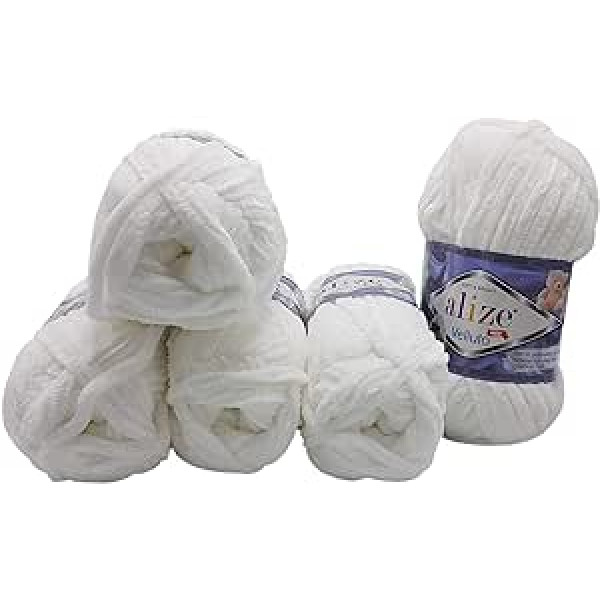 5 x 100 g Alize Velluto Knitting Wool, Baby Wool, 500 g, Vilna, Īpaši mīksta lielgabarīta (balta 55)