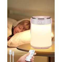 BURNNOVE Bedside Lamp Touch Dimmable Night Light with Clock Temperature Display Timer Function 1800mAh Battery Type C Charging Alarm Clock Remote Control for Nursery Bedroom Office Outdoor