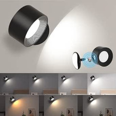 Indoor Wall Light, Wall Lamp, Wall Lights without Drilling and Power Connection, Reading Light, Dimmable Battery, LED Cellar Lamp, Touch, 4 Brightness Levels, 3 Colour Modes, 360° Rotatable for