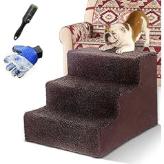 Pet Stairs for Dogs and Cats, 3 Steps, Lightweight Pet Ladder for up to 23 kg Weight, Portable, Removable, Washable Carpet Running Surface, with Pet Gloves + 1 Toy Knot