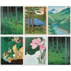 Japāņu apdares koka bloku dabas plakāts Dabas zaļš mākslas darbs sienām Ainavu ainas mājā un tradicionālā stila japāņu mājas dekoru komplekts ar 6 japāņu neierāmētām sienu izdrukām (20.3
