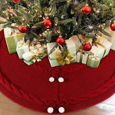 GUDELAK Christmas Tree Skirt, 48 inch/122 cm, Red Knitted Christmas Tree Skirt, Christmas Tree Skirt for Christmas Tree Decoration, Double Layer Christmas Tree Blanket with Snowballs, Christmas Tree