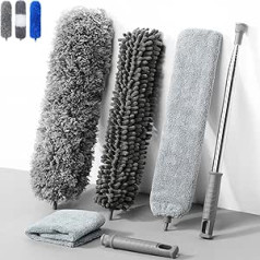 Washable Telescopic Duster, Duster, Rod and Bendable Corner Brush, Microfibre Stainless Steel with Telescopic Rod, Long Extendable up to 245 cm, Dust Brush for Gaps Ceilings Cobwebs Grey 6