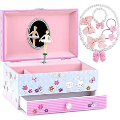 JAUNKUNDZE. WENNY Girl's Balerina Music Juvelierizstrādājumu kastīte ar izvelkamu atvilktni — ar roku zīmēta baleta meitene ar maziem ziedu tauriņiem un truša dizainu, skaistā sapņotāja melodija