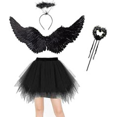 Winwild komplekts no 4 eņģeļu kostīmu sieviešu komplekts 80 cm Angel Wings melns pieaugušo eņģeļa velna pasaku kostīms Tilla svārki ar halo zizli karnevāla Helovīna kospleja kospleja tērpam