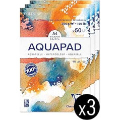 Clairefontaine Goldline Aquapad 975721C — 3 akvareļu bloku iepakojums, A4 līmētas 50 loksnes, baltas, 300 g, vidēji graudains, 1 pak.