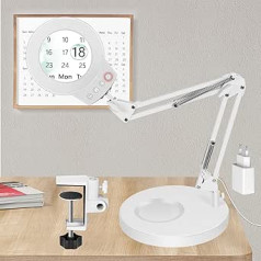 2-in-1 Magnifying Glass with Light and Stand, 10X & 5X Magnifying Glass, Desk Lamp with Large Base and Clamp, 3 Colour Modes, Continuous, Dimmable, LED Magnifying Lamp for Hobby Crafts, Magnifying