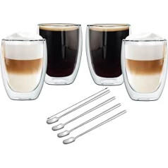 Vkzylife Latte Macchiato glāzes, dubultsienu glāzes no borsilikāta stikla, kapučīno kafijas krūzes 450 ml + 4 karotes komplekti (4 gab.)