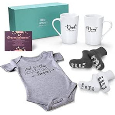 Pregnancy Gifts for First Time Moms - Mom and Dad Est 2023 14 oz Mug Set with Onesie and Baby Socks, Greeting Card - Top New Parents Gifts for Mom and Dad to Be - Idea for Baby Shower, Gender Reveal