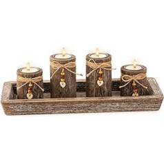 Romadedi Handmade Candle Holder Decorative Boho Wood Tray Wooden Decoration with 4 Tea Lights for Farm Table Decoration Tea Light Holder for Living Room Windowsill Table Decoration Dining Table Home