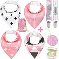 Dodo Babies Baby Bandana Drool Bibs meitenēm + 2 knupīšu klipši + knupīša maciņš dāvanu maisiņā 4 iepakojumā Premium kvalitātes izcila bērnu duša/reģistrācijas dāvana