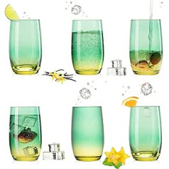 PLATINUX dzeramās glāzes Zaļās/dzeltenās Krāsainās 300 ml (Maks. 370 ml) 6 ūdens glāzes komplekts Sulas glāzes Long Drink Glass