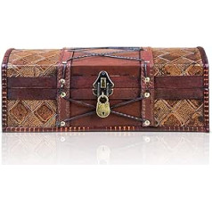 Jimmy Treasure Chest 35 x 23 x 14 cm - Large Treasure Chest Flat Brown Decorated with Leather Cords and Pattern, with Lid, Lock and Key, Pirate Box Lockable, Storage Box with Handle