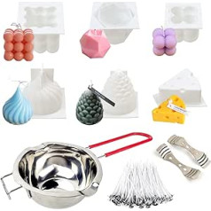 Candle Making Set - 6 Pieces Silicone Mould Candle Pouring Set for Making Various Handmade Candles. Includes 100 Pieces Wicks, 2 Pieces Wick Holder and Pot