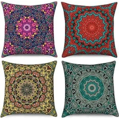 Hnmdmyi Boho spilvena pārvalks, 45 x 45 cm, 4 komplekts, Retro ziedu Mandala Compass Medallion dekoratīvie spilvenu pārvalki, Bohemian Hippie krāsains lina spilvena pārvalks dīvānam, dīvānam, gultai, dārzam, āra,