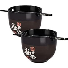 Keramikas Fu Ramen bļodu komplekts ar 2, 473 ml porcelāna nūdeļu zupas trauks ar irbulīšiem, daudzfunkcionāli daudzpusīgi trauki Ramen, Pho, Udon, trauku mazgājamā mašīnā un mikroviļņu krāsnī, Black Happiness