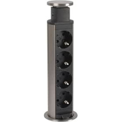 Legrand, Incara Tower 60 654976 Built-In Socket with Lift System, Multi Table Socket, 4x Sockets, 2P+E Plug, Diameter: 60 mm, Installation Depth: 356.5 mm, Colour: Aluminium/Black