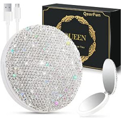 Qearfun Luksusa kompakts spogulis ar Rhinestones LED apgaismots pārnēsājams uzlādējams mini palielināms kabatas spogulis ar gaismām Dzirkstošās skaistuma dāvanas sievietēm