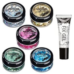 Moon Glitter Голографические крупные блестки от Moon Glitter – 100% косметические блестки для лица, тела, ногтей, волос и губ – 3 г – набор из 5 шт., цвета