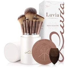 Luvia Cosmetics Luvia Prime Vegan Pro kosmētikas otu komplekts, 12 kosmētikas otiņas, ieskaitot otu glabātuvi, blendera sūkli un tīrīšanas paklājiņu kosmētikas otām, perlamutrā un kafijā