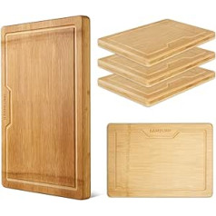 BAMBUMI Chopping Board Set of 5, Cutting Surface Made of One Piece Bamboo Wood, 100% Sustainable Kitchen Board with Juice Groove and Handle, Chopping Board + Breakfast Board, Set of 5 (M+S Set of 5)