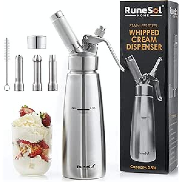 Runesol Sahnesyphon Edelstahl mit 3 Deko-Düsen, Sahnespender 500ml, Schlagsahnebereiter Espuma Flasche für Desserts, Sahne Sprühflasche, Sahnespende, Profi Sahnesprüher, Ostern