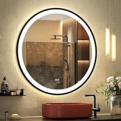 GANPE LED Sensor Mirror, Round Human Body Induction Cosmetic Mirror, Illuminated, Dimmable, Anti-Fog, IP44 Waterproof, Bathroom Wall Mounting Mirror (60 cm)