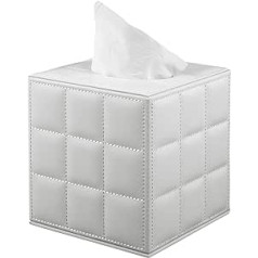 Square Tissue Box Set, Leather Tissue Box Lid, Napkin Storage Box, Home Office Hotel Restaurant (White Grid Line)