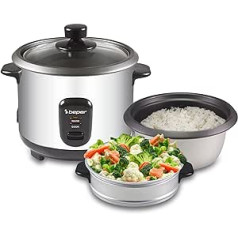 Beper - Rice Cooker and Steamer with Steel Housing 2 in 1, Capacity 1 Litre for 625 g Rice, Heat Retention System, Measuring Spoon and Spoon for Rice - Silver and Black