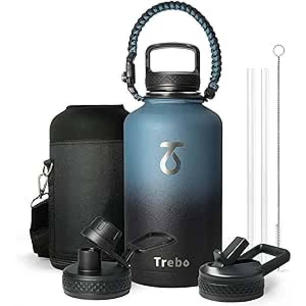 Trebo 1.8L Water Bottle with Paracord Handle, Food Grade Double Walled Vacuum Stainless Steel with Straw Spout Handle, Leak-Proof, Keeps Cold and Hot, Ombre: Indigo/Black