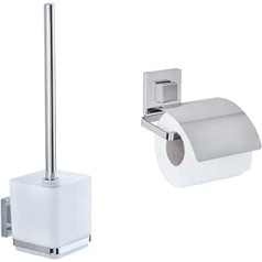 WENKO Vacuum-Loc® Quadro sienas tualetes birste, 9,5 x 37 x 12,5 cm & Vacuum-Loc® Quadro sienas tualetes papīra turētājs ar vāku, tualetes papīra turētājs, 13 x 11,5 x 14 cm