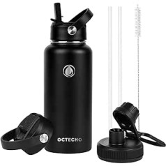 OcTecho Stainless Steel Drinking Bottle, Thermos Flask, 1 Litre, Insulated Bottle with Straw and 2 Lids, BPA-Free, Suitable for Carbonated Drinks, Leak-Proof Insulated Thermos Flask for Children,