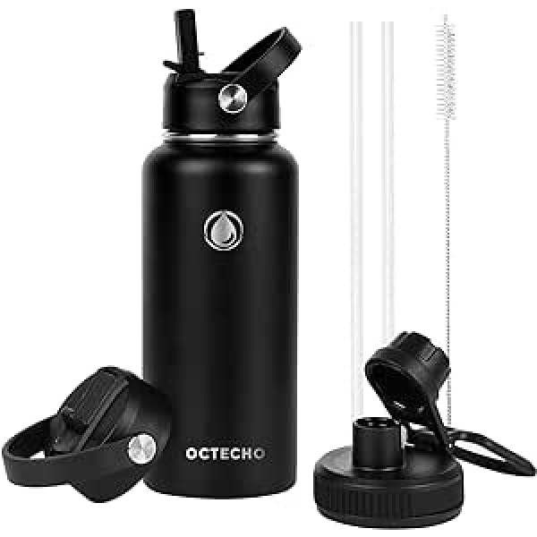 OcTecho Stainless Steel Drinking Bottle, Thermos Flask, 1 Litre, Insulated Bottle with Straw and 2 Lids, BPA-Free, Suitable for Carbonated Drinks, Leak-Proof Insulated Thermos Flask for Children,