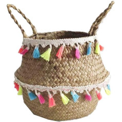 Szetosy Natural Seagrass Storage Basket - GoodChanceuk Seagrass Woven Basket with Pom Poms - Foldable Woven Basket with Handle for Laundry, Toys, Planters, Nursery