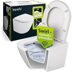 aquaSu® 04996 2 Wall-Mounted Toilet Rimless 2.0 Innovative Swirl Flushing Technology Splash-Free and Quiet Environmentally Friendly Water Inlet Side Toilet Set Turas Toilet Seat with Soft-Close