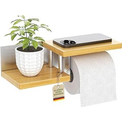 ElbFuchs® Toilet Paper Holder Wood Bamboo [New] | High-Quality Toilet Paper Holder - No Drilling - with Shelf | Stainless Steel | Toilet Roll Holder | Toilet Roll Holder