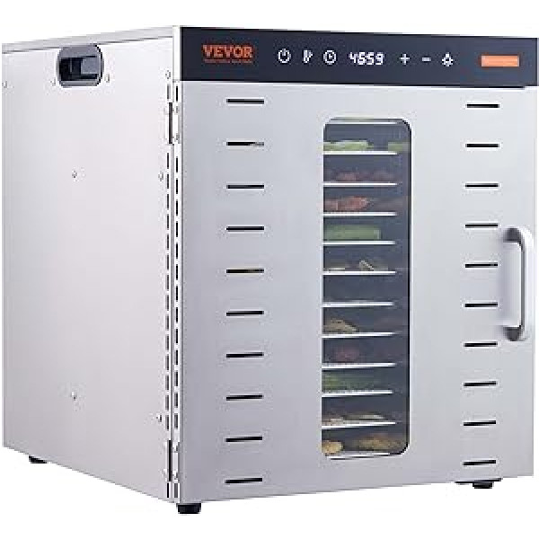 VEVOR 1000 W Dehydrator Stainless Steel, 300 x 280 mm, Pack of 10 Trays, 360° Dry, Dehydrator, 30-90°C Temperature Control, 0.5 to 48-Hour Timer, Overheating Protection, Recipe Book for Meat, Fruit,