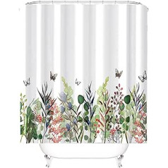 M&W DAS DESIGN Shower Curtain Colourful Flowers Butterflies Bathroom Textile Curtain Anti-Mould Effect Plants Washable Shower Curtain Bath Leaves Including 12 C-Rings Weight Bottom 200 x 220 cm (W x