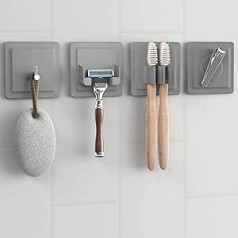 LOBUX® — 4 in-1 vannas istabas turētāju komplekts, pašlīmējošs [Soft-Touch silikons], īpaši spēcīga fiksācija — vannas istabas organizators satur: skūšanās turētāju, zobu birstes turētāju, āķi, neodīma magnētu (gaiši pelēks)