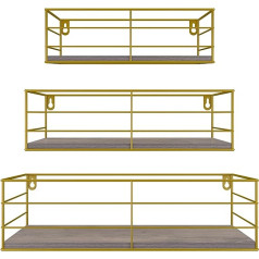 EYMPEU 3 sienas plauktu komplekts no koka ar zelta metālu, piemērots virtuvēm, vannas istabām, viesistabām, birojam