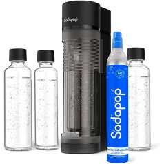 Sodapop Logan Water Carbonator Starter Set with CO₂ Cylinder and 3x Glass Bottles, Matt Black, Height 42.6 cm